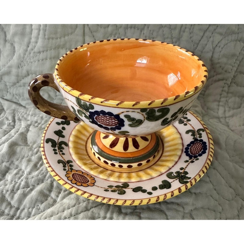 Vintage Italian Majolica Hand Painted Ceramic Teacup and Saucer Set